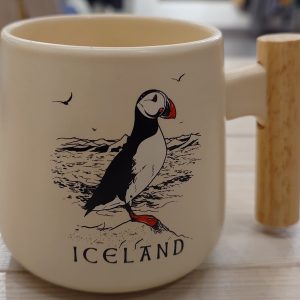 PUFFIN ICELAND WOODEN HANDLE YELLOW MUG